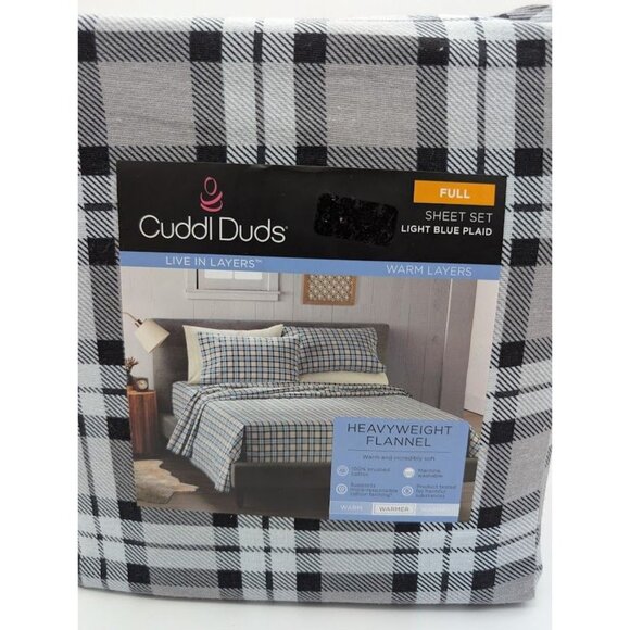 Cuddl Duds Full Sheet Set Heavyweight Flannel Blue Plaid Lodge Farmhouse NEW - Picture 3 of 6